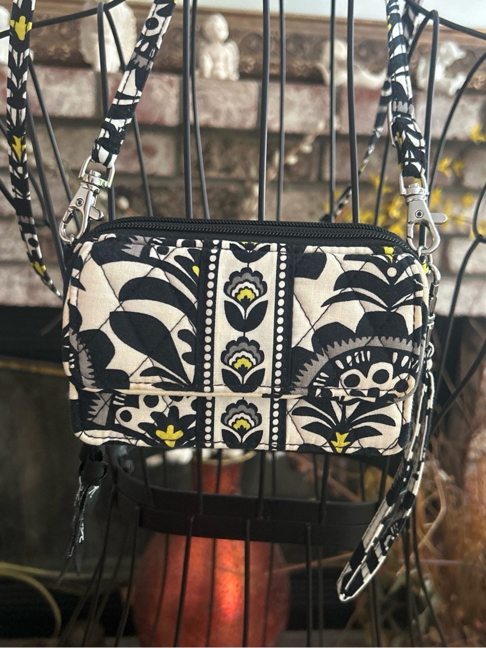Vera Bradley Wristlet Wallet Crossbody Bag Black White Floral pattern